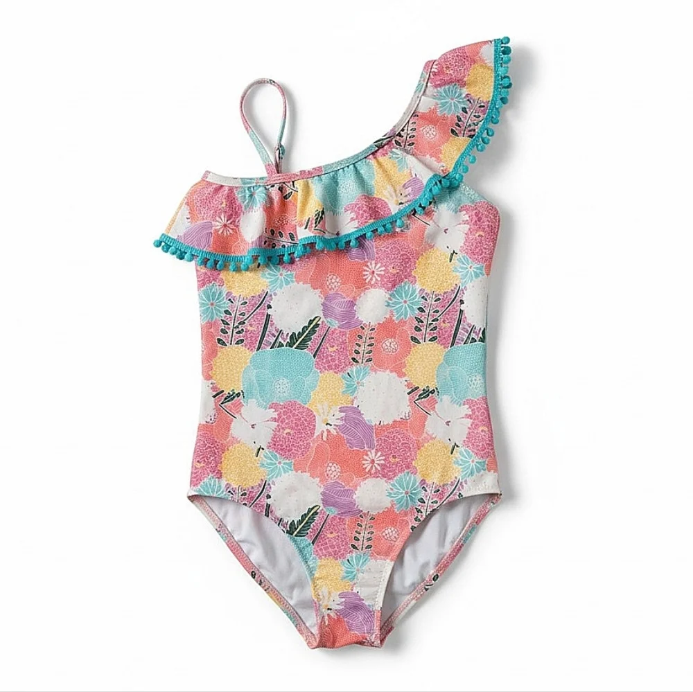 NWT! Dot Dot Smile Kids One-Shoulder Floral Pom-Pom Swimsuit - Pink Multi